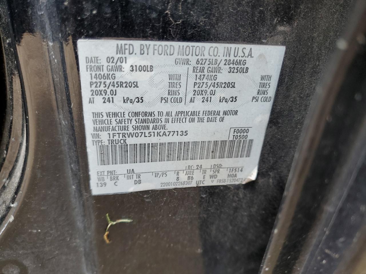 2001 Ford F150 Supercrew VIN: 1FTRW07L51KA77135 Lot: 58763064