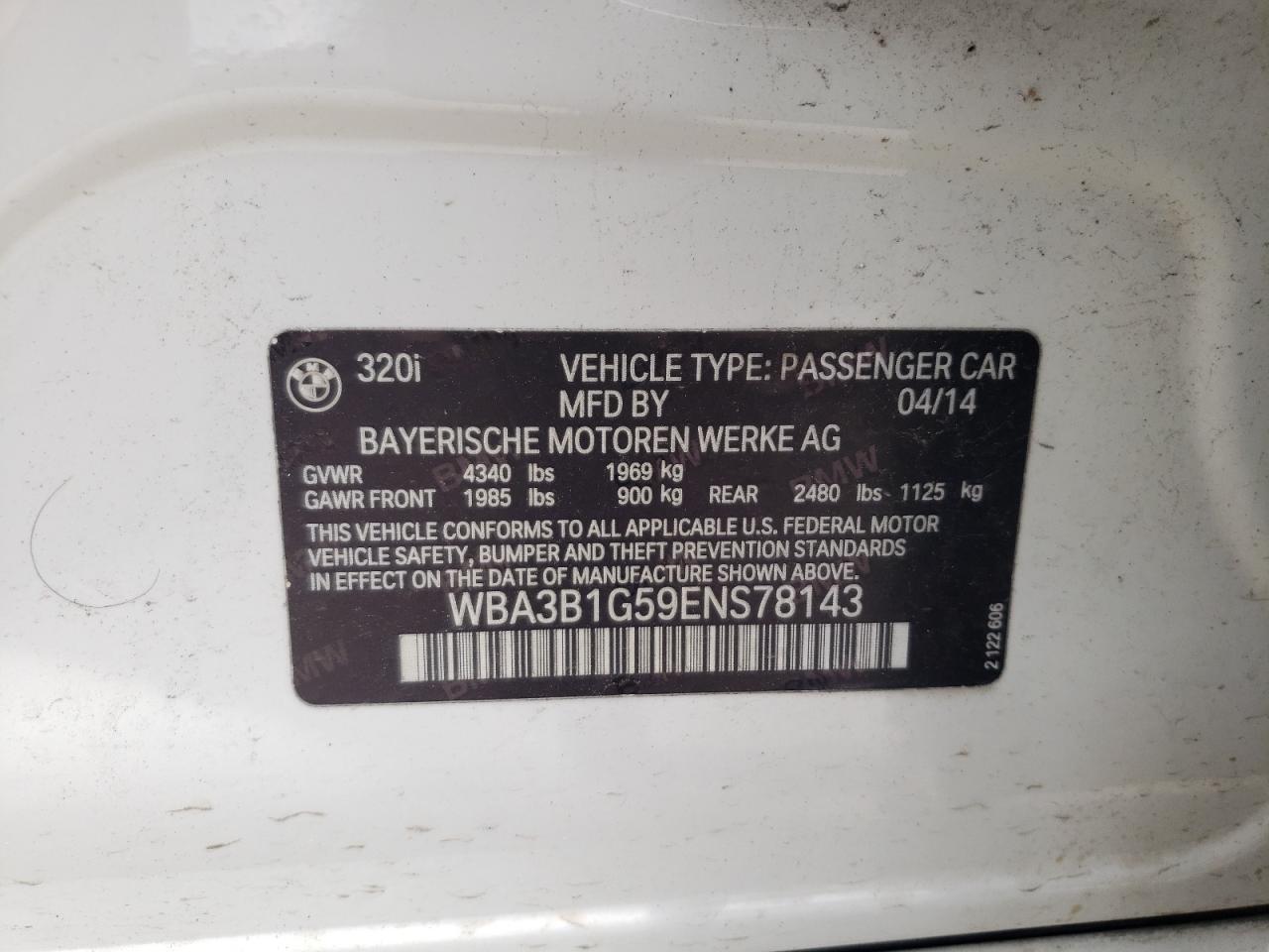 2014 BMW 320 I VIN: WBA3B1G59ENS78143 Lot: 59790224