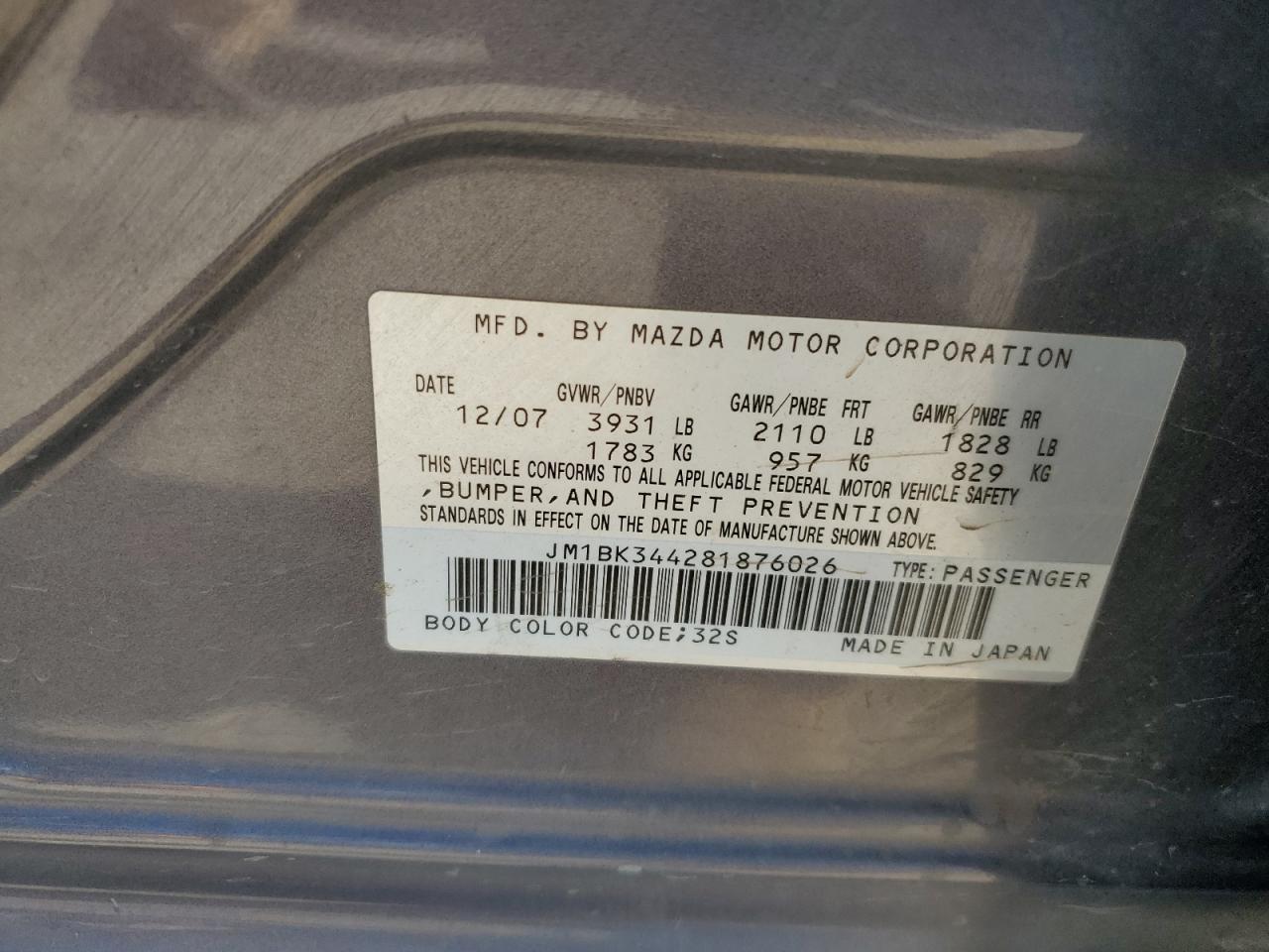 2008 Mazda 3 Hatchback VIN: JM1BK344281876026 Lot: 77818544