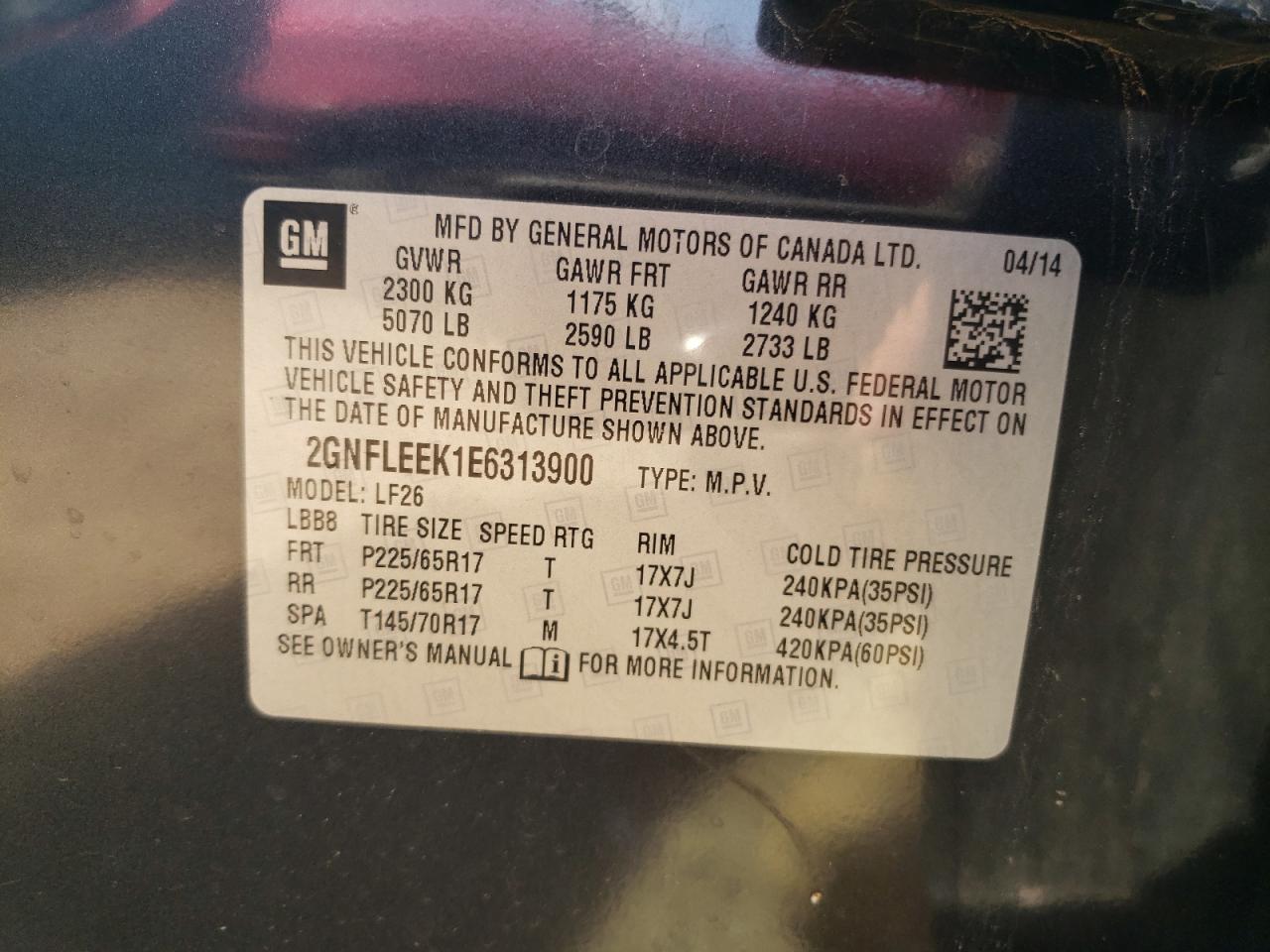 2014 Chevrolet Equinox Ls VIN: 2GNFLEEK1E6313900 Lot: 59226034