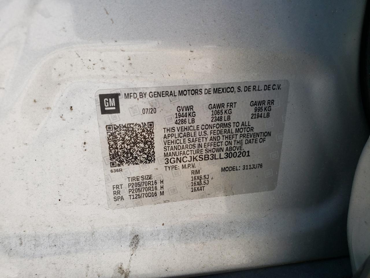 2020 Chevrolet Trax Ls VIN: 3GNCJKSB3LL300201 Lot: 59042164