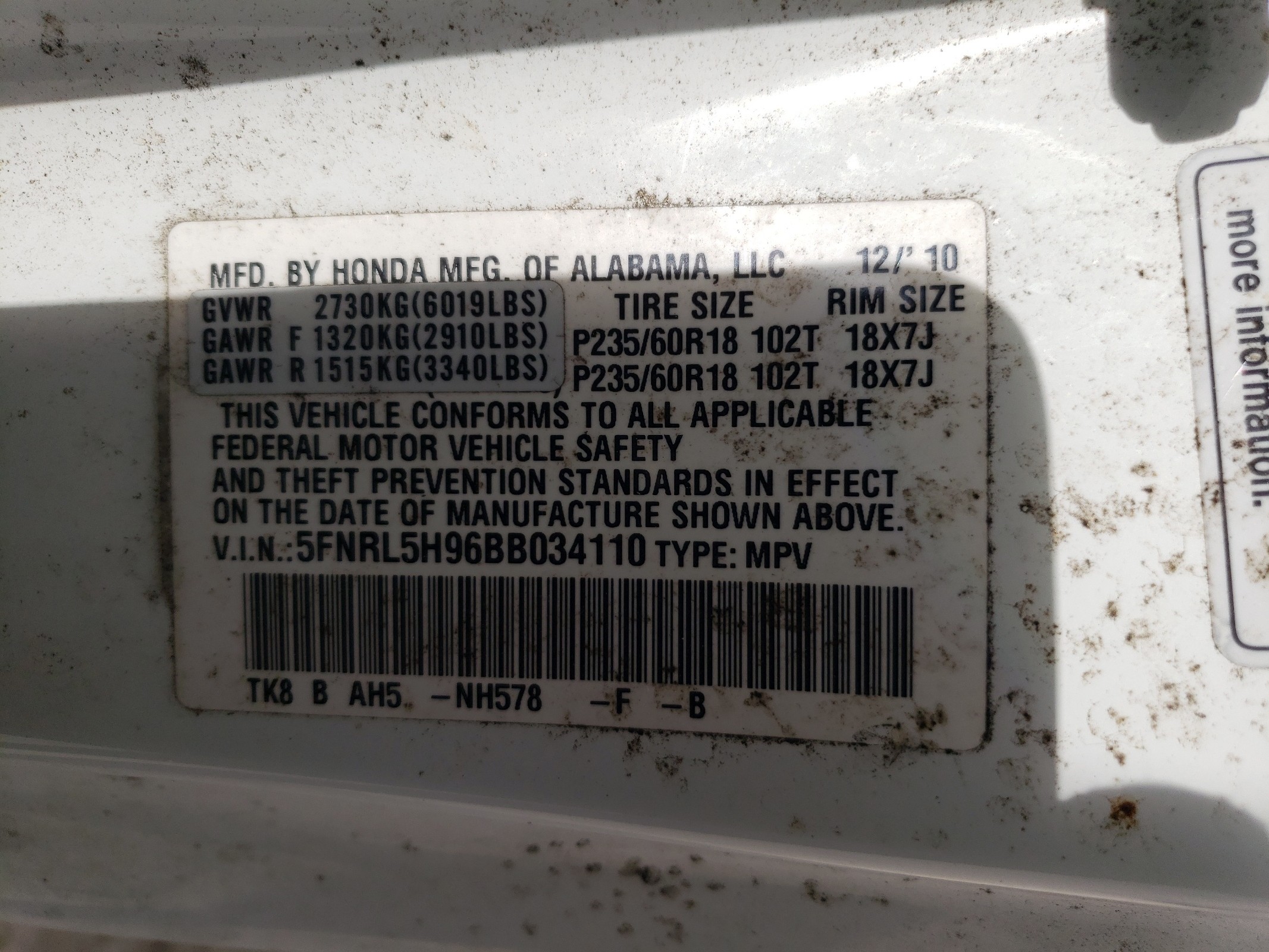 5FNRL5H96BB034110 2011 Honda Odyssey Touring