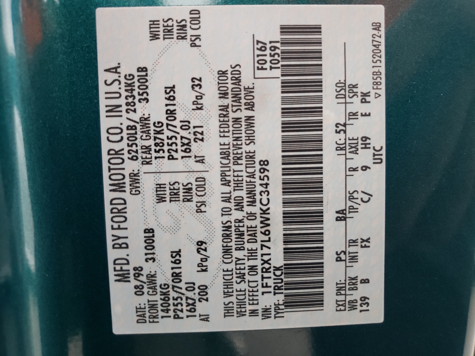 1FTRX17L6WKC34598 1998 Ford F150