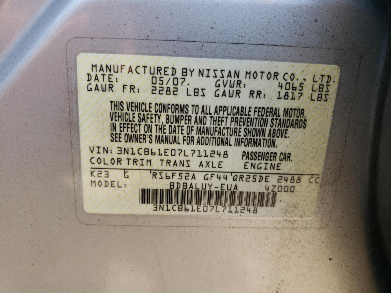 2007 Nissan Sentra Se-R Spec V VIN: 3N1CB61E07L711248 Lot: 59329634