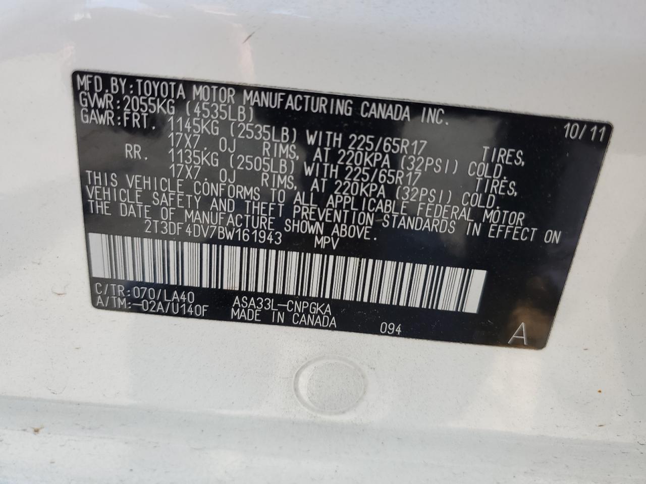 2011 Toyota Rav4 Limited VIN: 2T3DF4DV7BW161943 Lot: 60663234