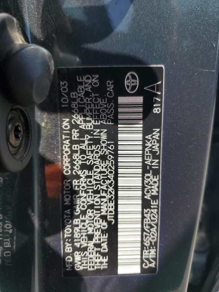 2004 Toyota Camry Le VIN: JTDBE32K340259761 Lot: 59590774