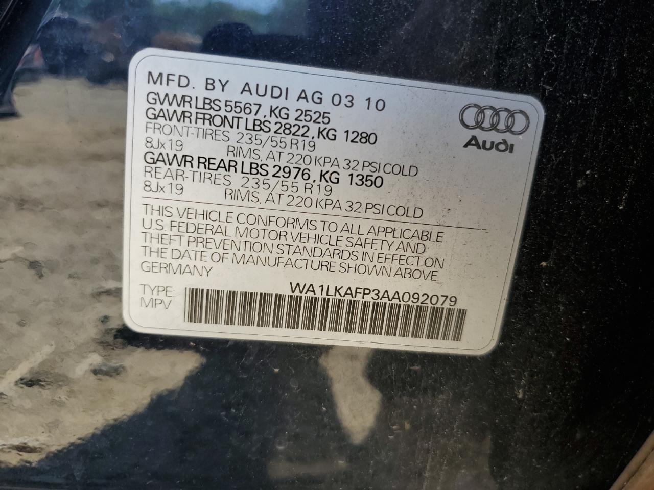 2010 Audi Q5 Premium Plus VIN: WA1LKAFP3AA092079 Lot: 60106244
