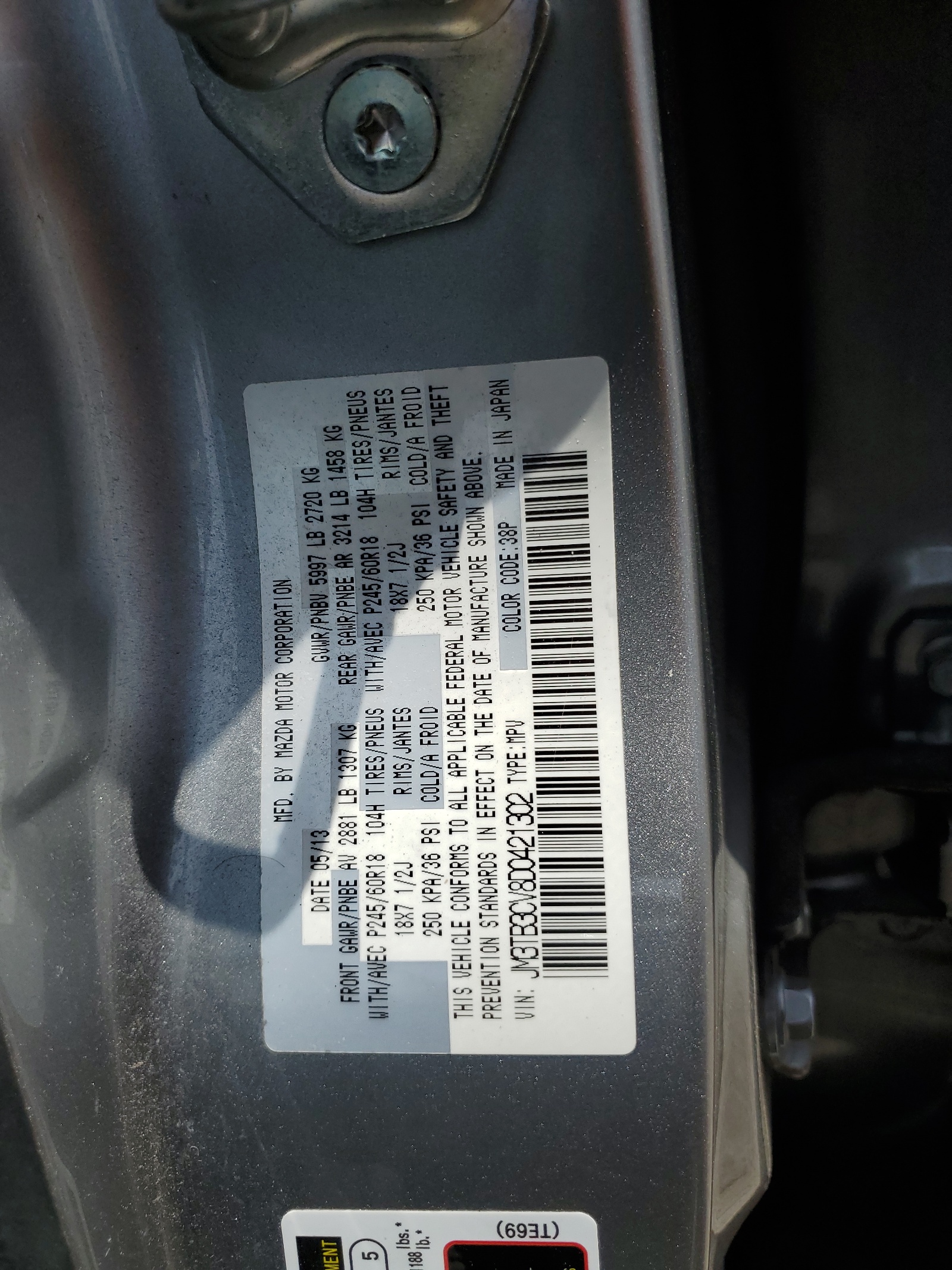 JM3TB3CV8D0421302 2013 Mazda Cx-9 Touring