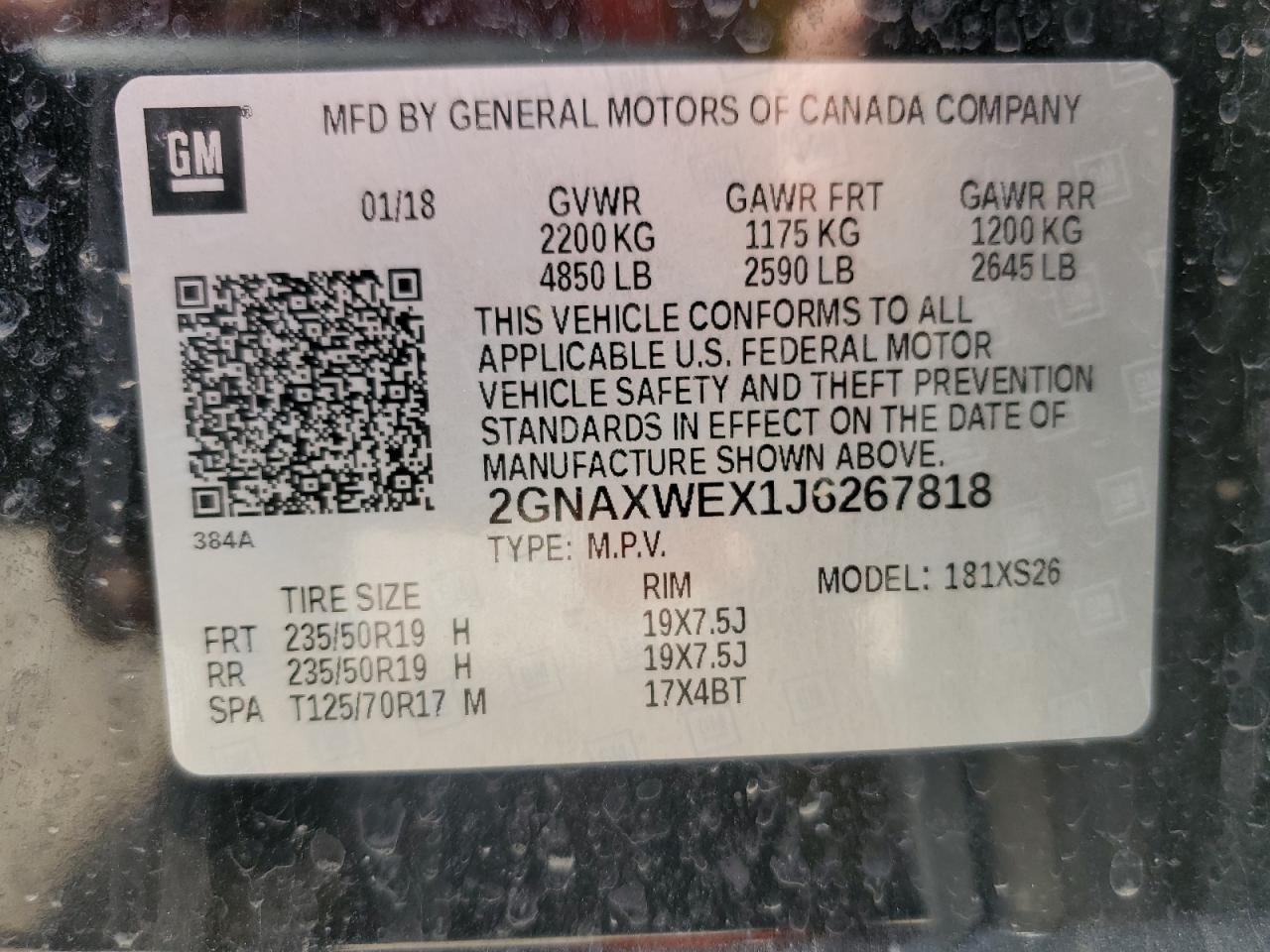 2018 Chevrolet Equinox Premier VIN: 2GNAXWEX1J6267818 Lot: 59255284