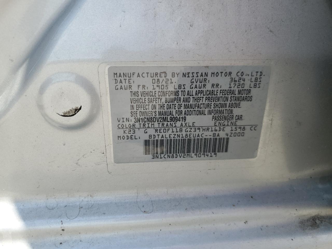 3N1CN8DV2ML909419 2021 Nissan Versa S