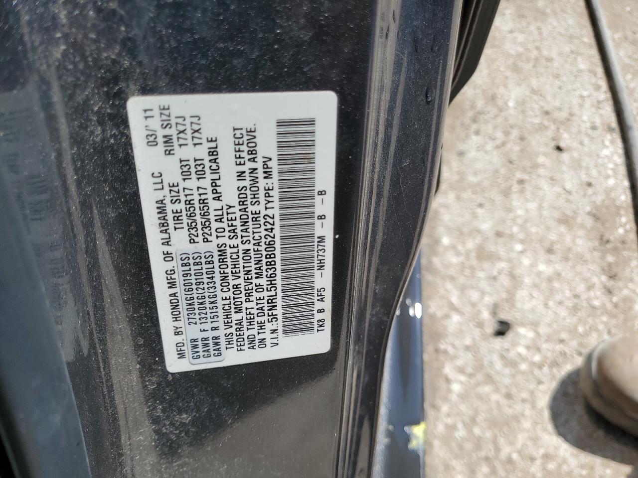 5FNRL5H63BB062422 2011 Honda Odyssey Exl