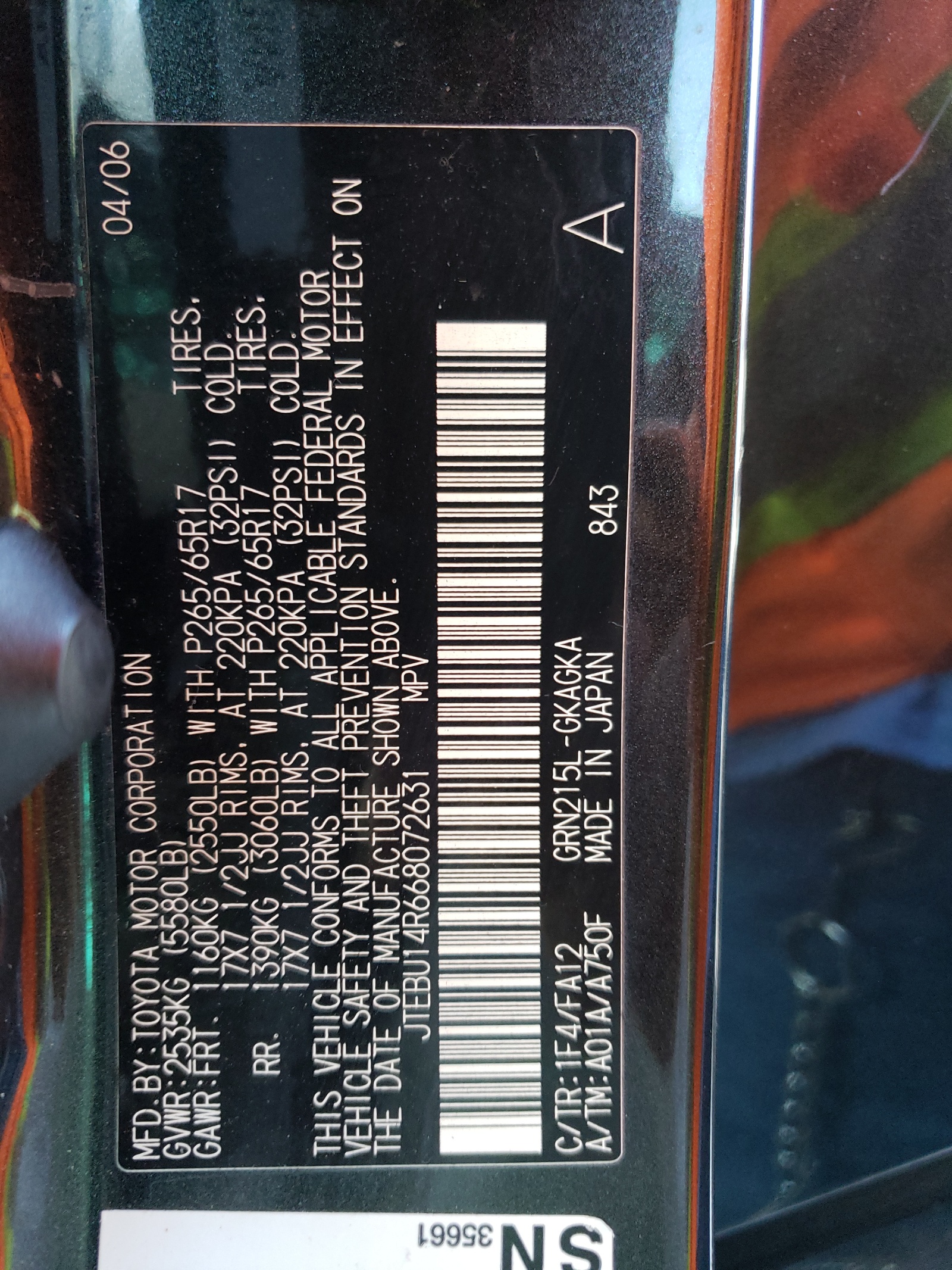 JTEBU14R668072631 2006 Toyota 4Runner Sr5