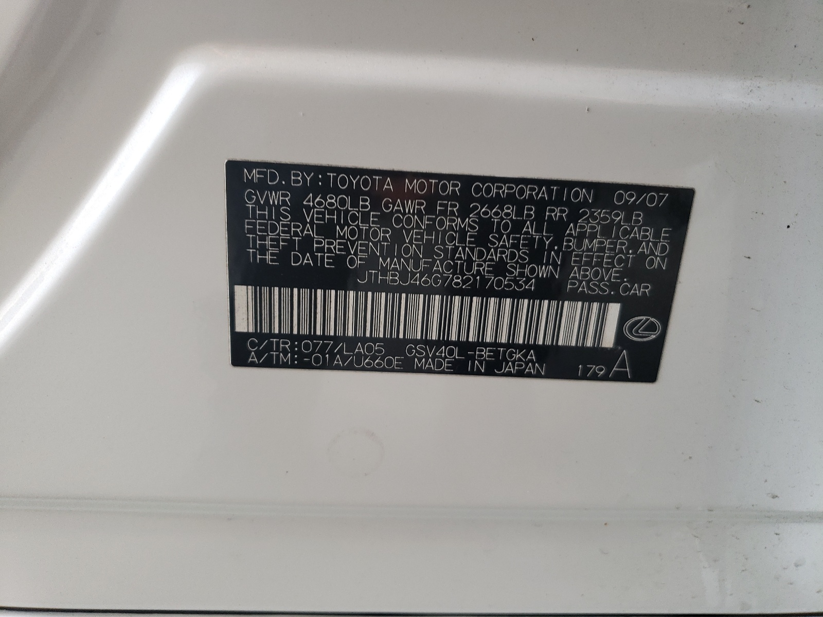 JTHBJ46G782170534 2008 Lexus Es 350