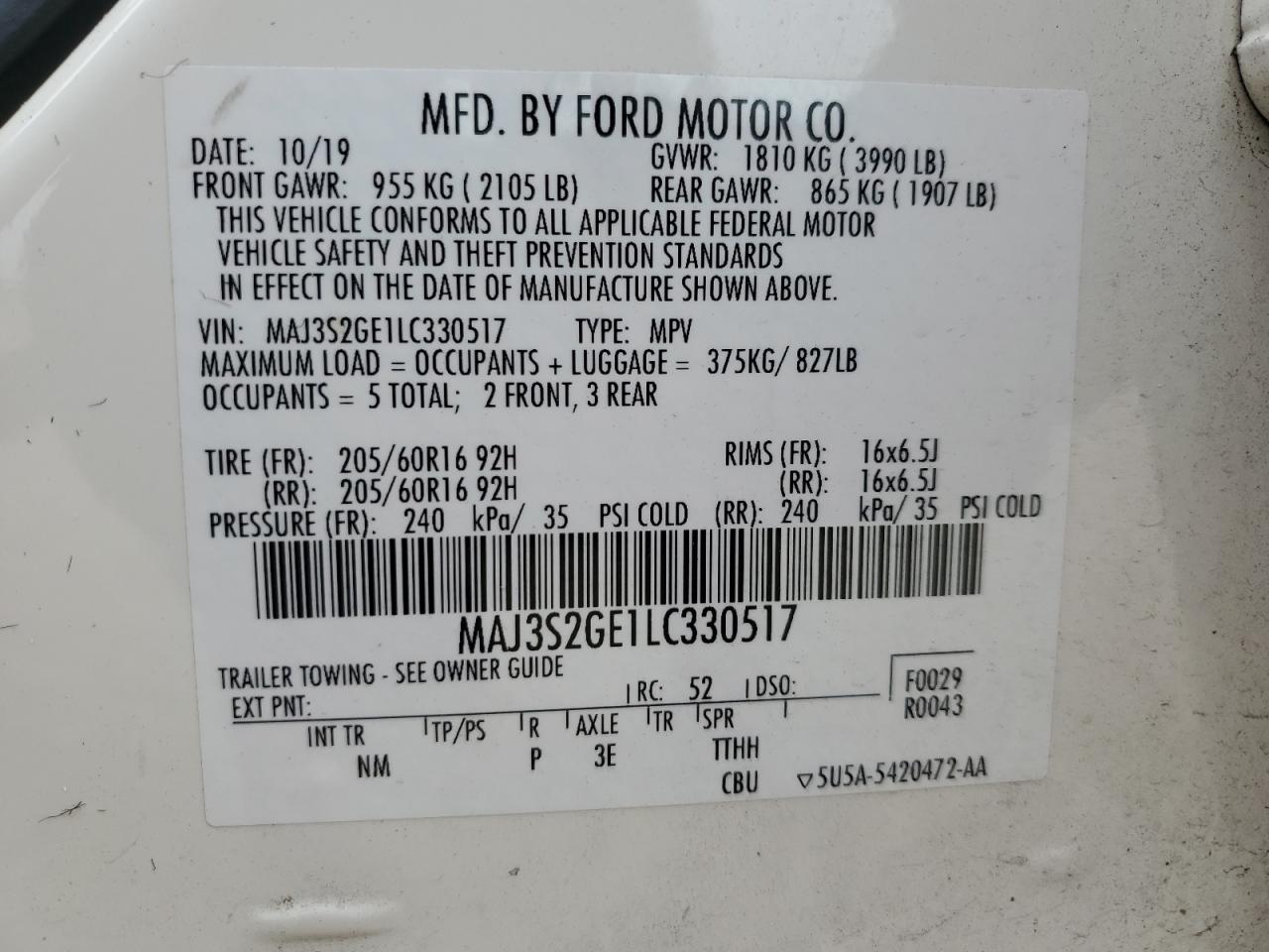 MAJ3S2GE1LC330517 2020 Ford Ecosport Se