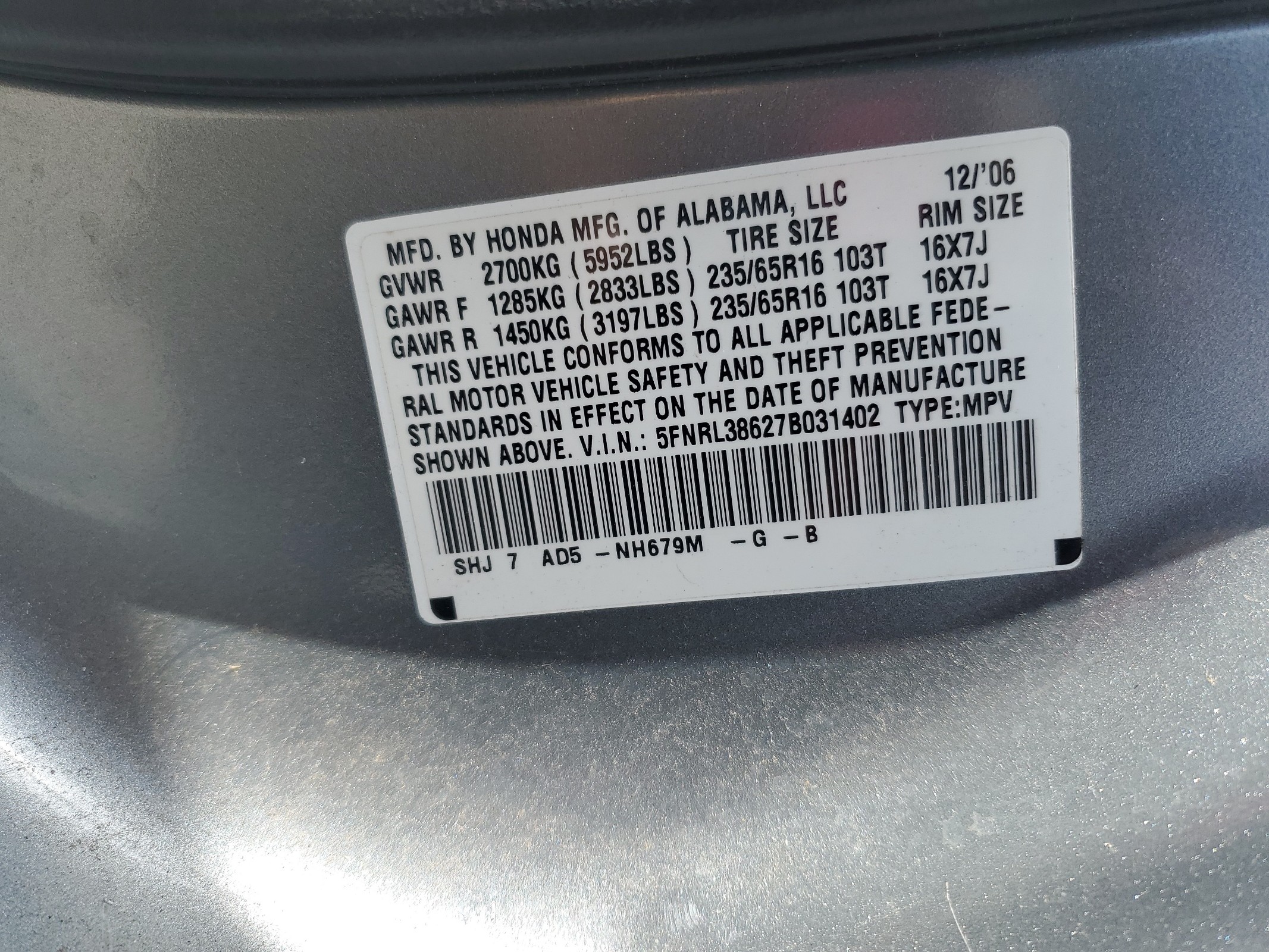 5FNRL38627B031402 2007 Honda Odyssey Exl