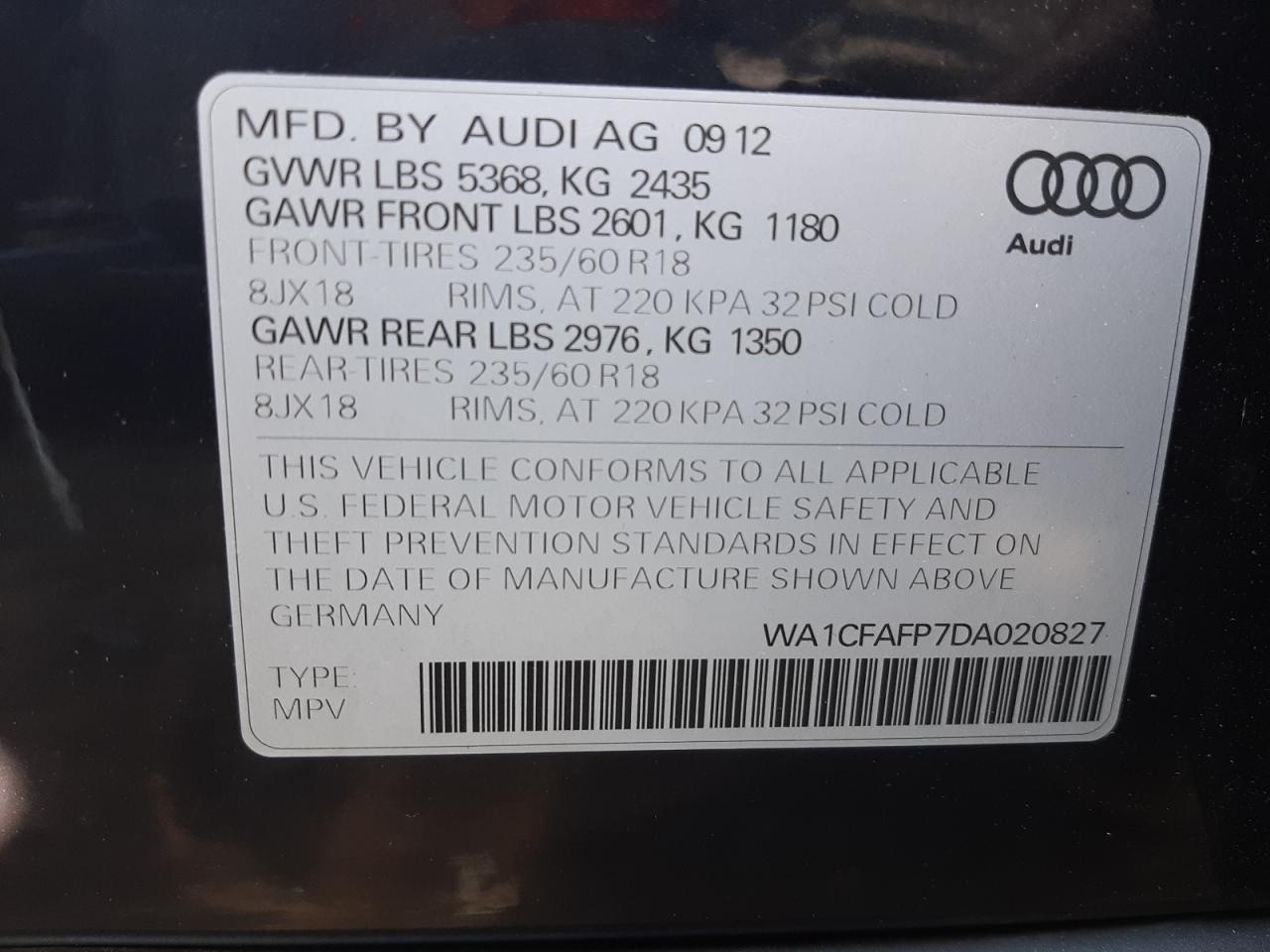 2013 Audi Q5 Premium VIN: WA1CFAFP7DA020827 Lot: 59474624