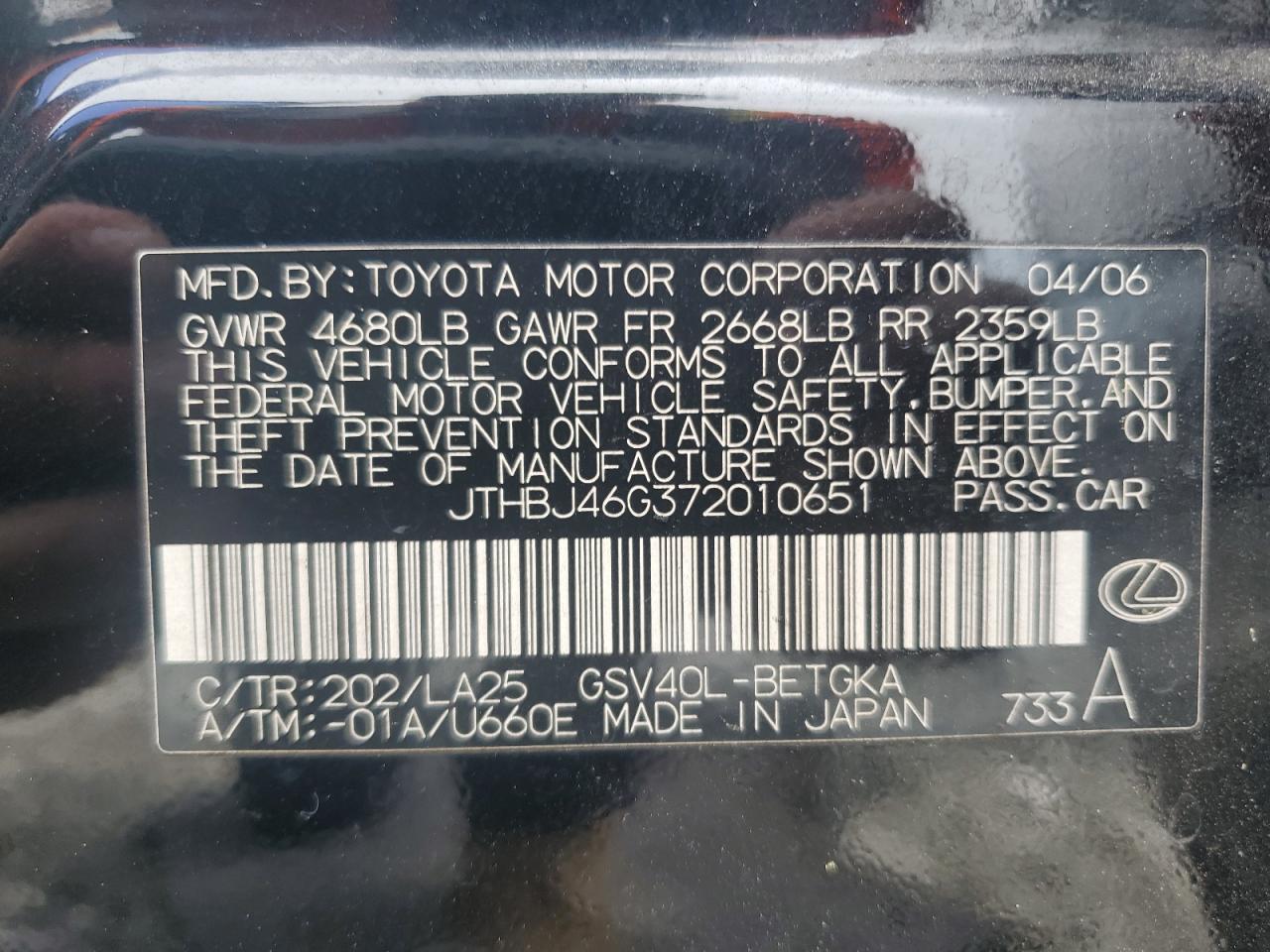 2007 Lexus Es 350 VIN: JTHBJ46G372010651 Lot: 60882214