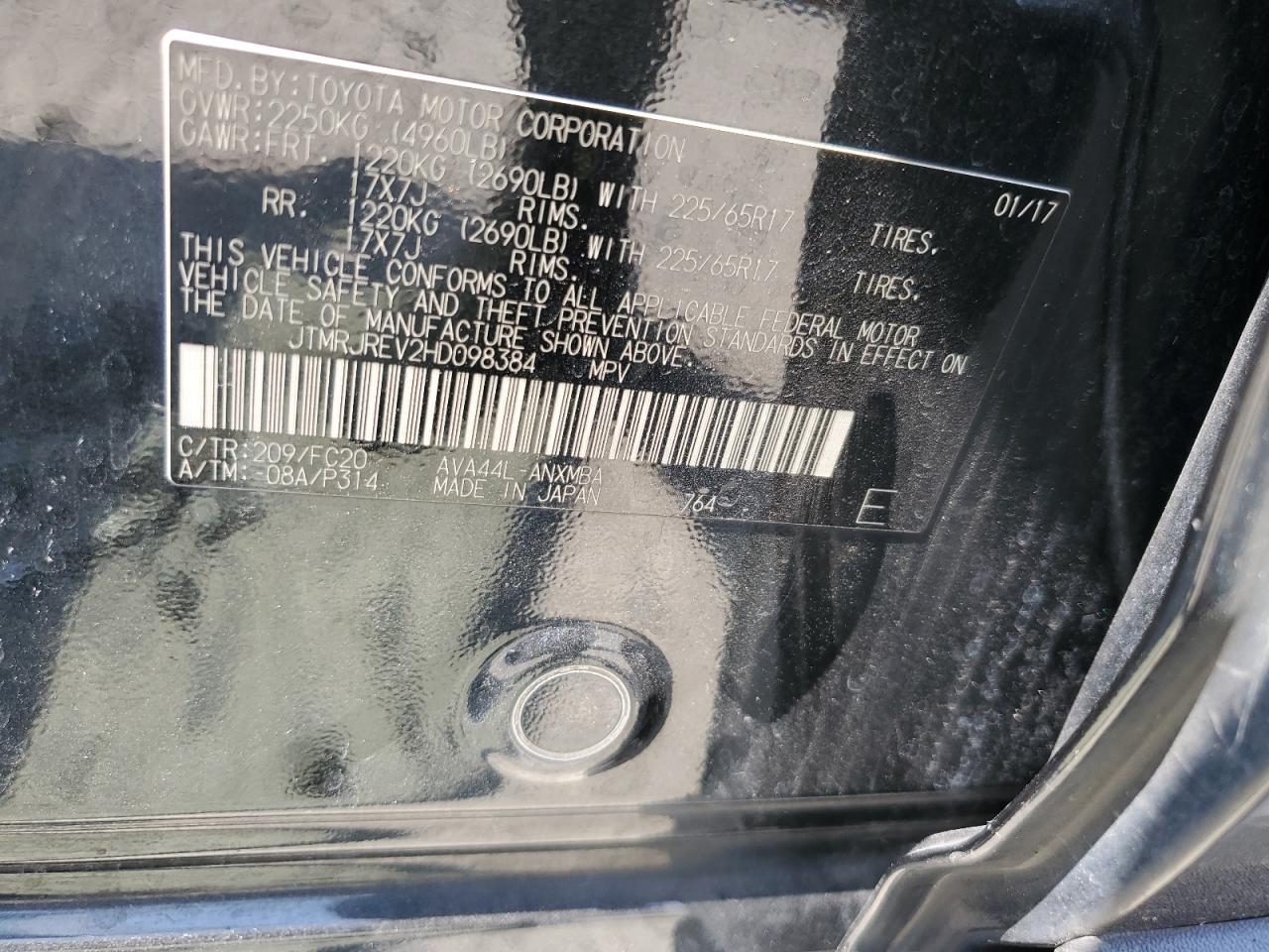 2017 Toyota Rav4 Hv Le VIN: JTMRJREV2HD098384 Lot: 59396004