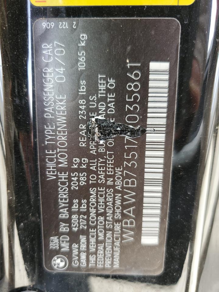 2007 BMW 335 I VIN: WBAWB73517P035861 Lot: 57665584