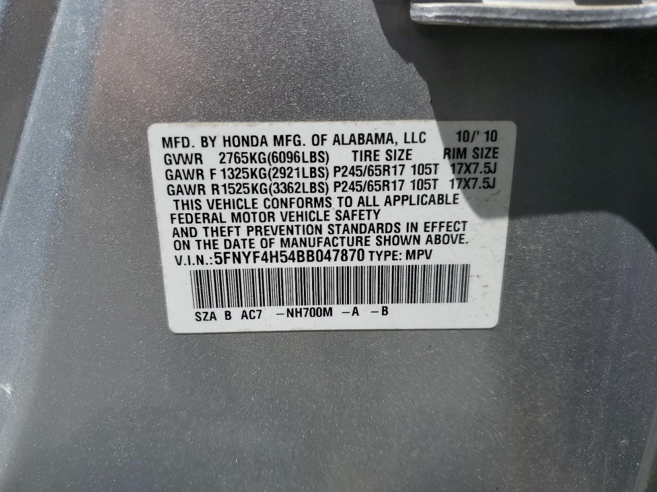 2011 Honda Pilot Exl VIN: 5FNYF4H54BB047870 Lot: 58060404