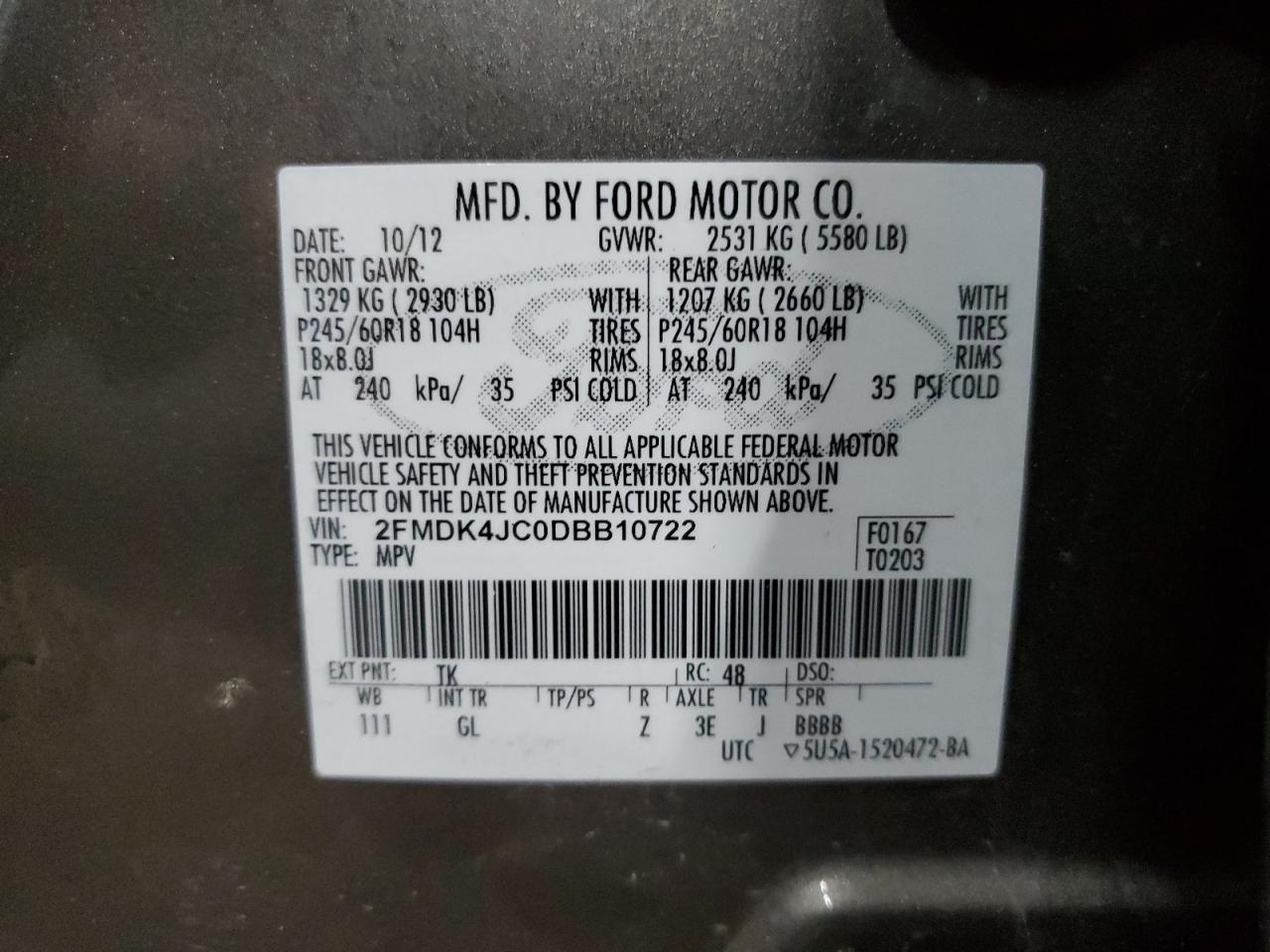 2013 Ford Edge Sel VIN: 2FMDK4JC0DBB10722 Lot: 57159764