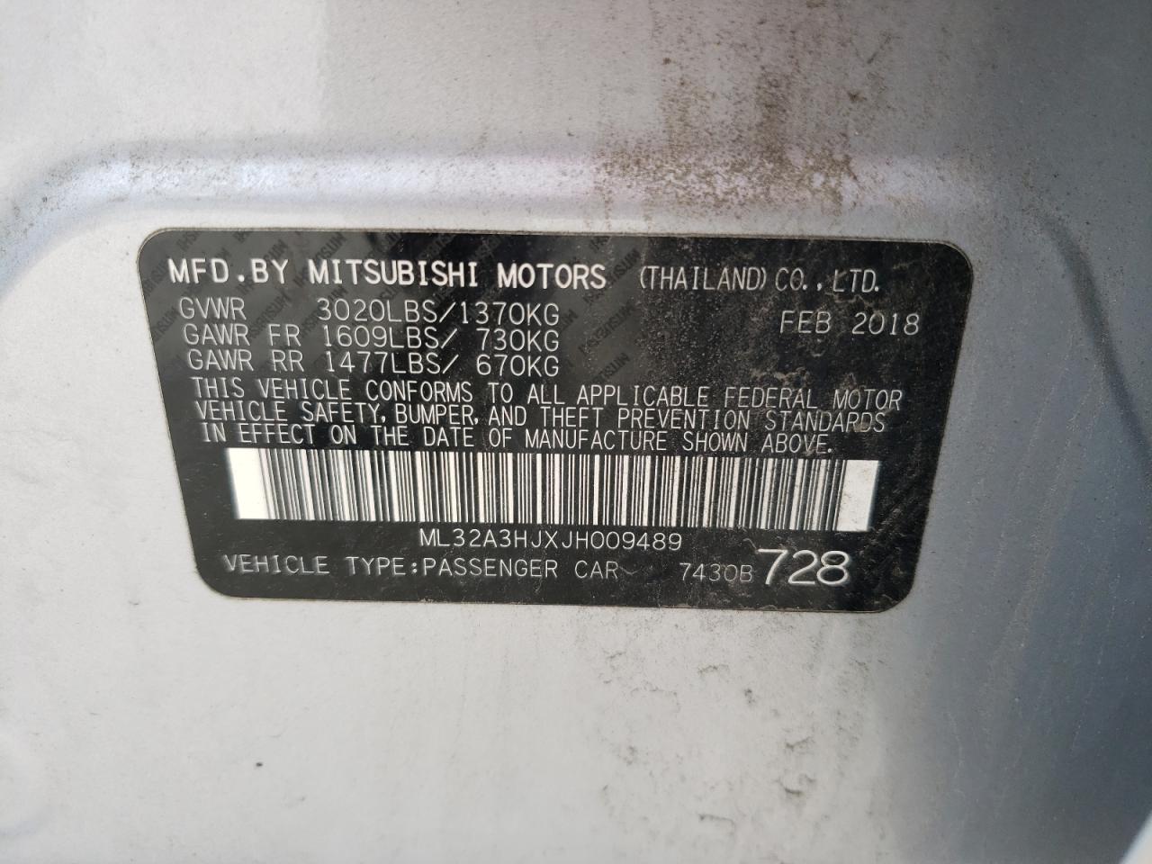 2018 Mitsubishi Mirage Es VIN: ML32A3HJXJH009489 Lot: 59828924