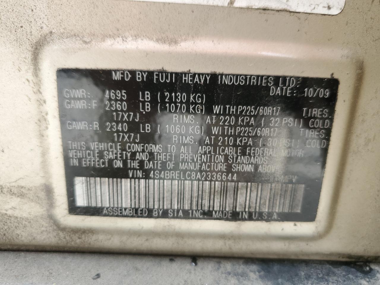 2010 Subaru Outback 3.6R Limited VIN: 4S4BRELC8A2336644 Lot: 57331324