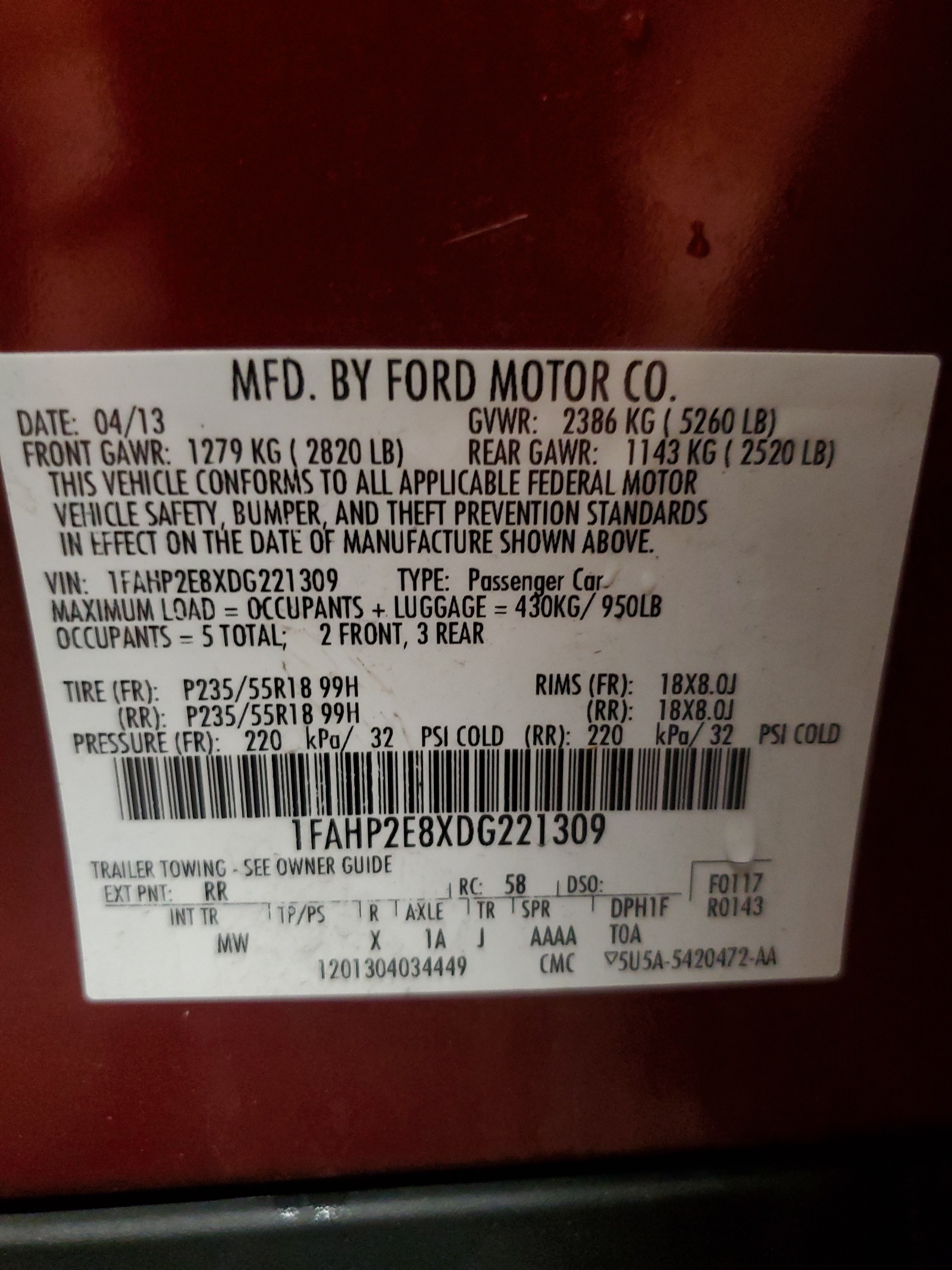 1FAHP2E8XDG221309 2013 Ford Taurus Sel