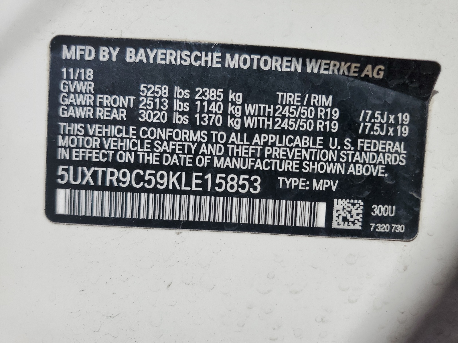 5UXTR9C59KLE15853 2019 BMW X3 xDrive30I