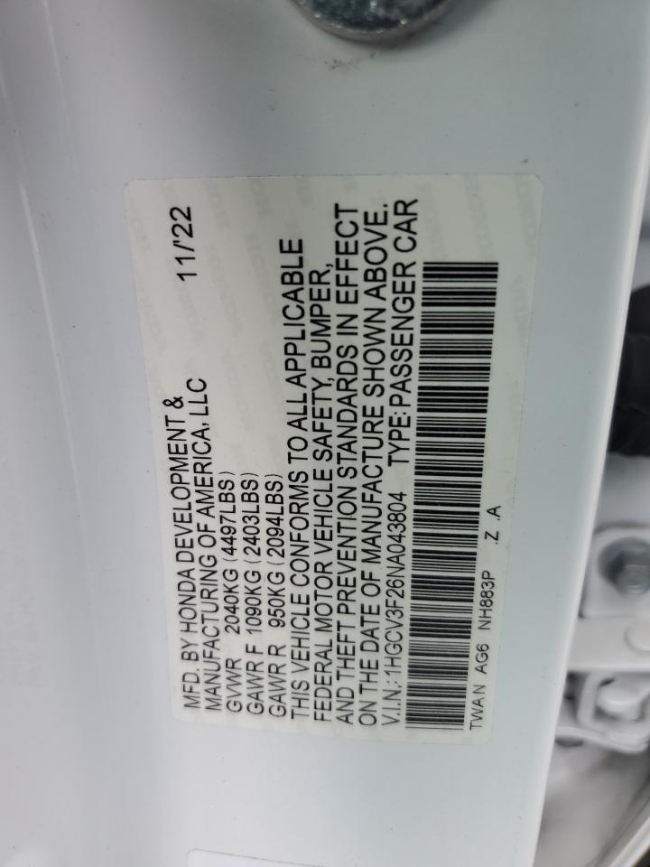 2022 Honda Accord Hybrid Sport VIN: 1HGCV3F26NA043804 Lot: 60391604