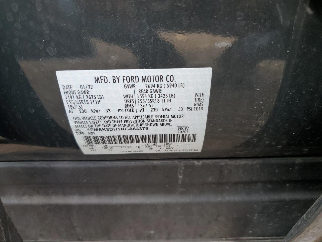 2022 Ford Explorer Xlt VIN: 1FMSK8DH1NGA64379 Lot: 59305814