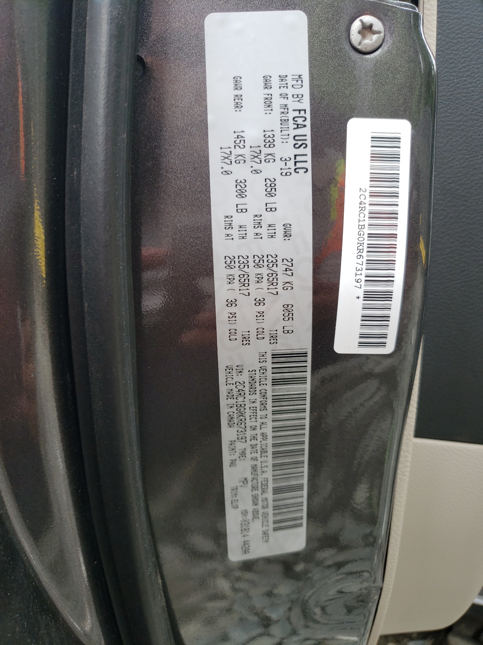 2C4RC1BG0KR673197 2019 Chrysler Pacifica Touring L