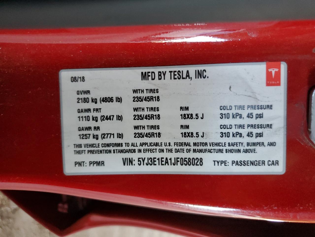 5YJ3E1EA1JF058028 2018 Tesla Model 3