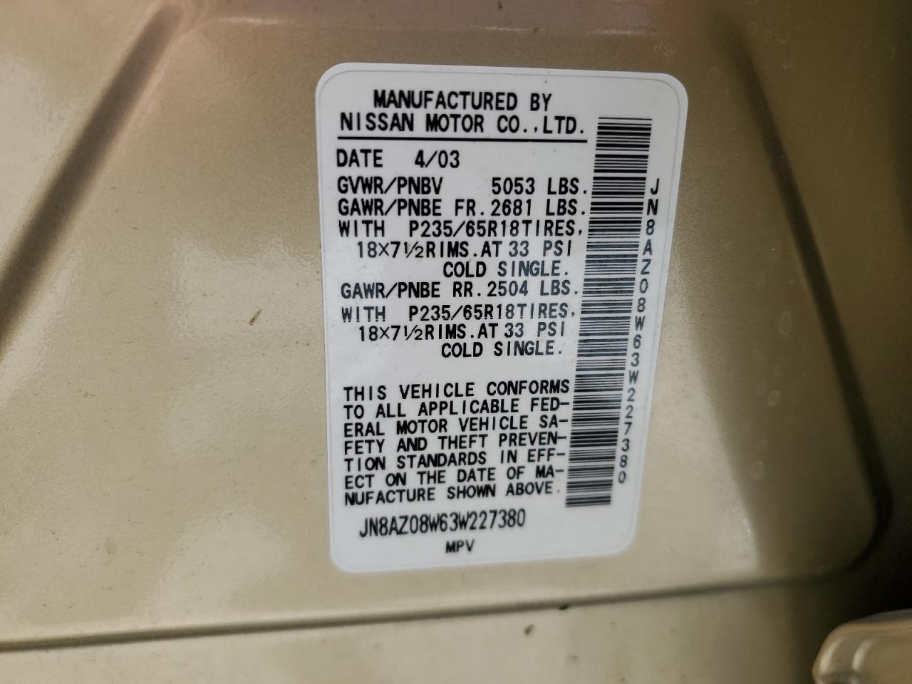 2003 Nissan Murano Sl VIN: JN8AZ08W63W227380 Lot: 58024334