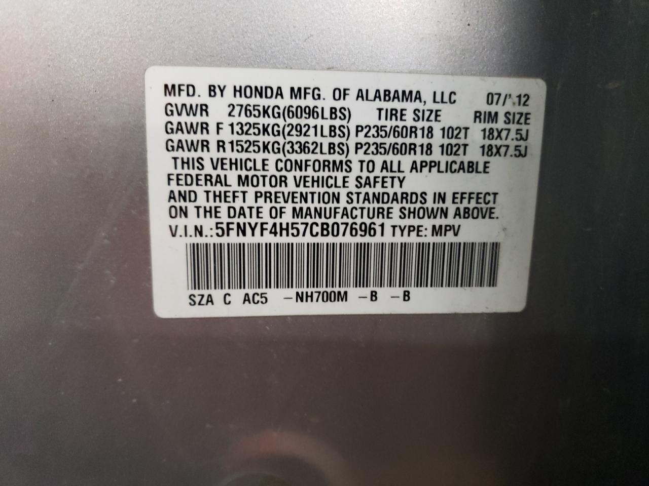 2012 Honda Pilot Exl VIN: 5FNYF4H57CB076961 Lot: 56861244