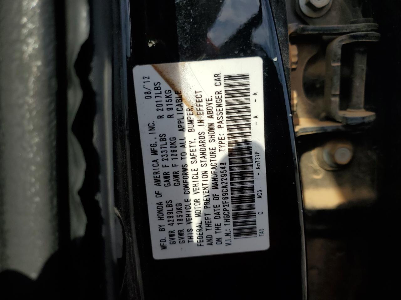 1HGCP2F69CA229549 2012 Honda Accord Se