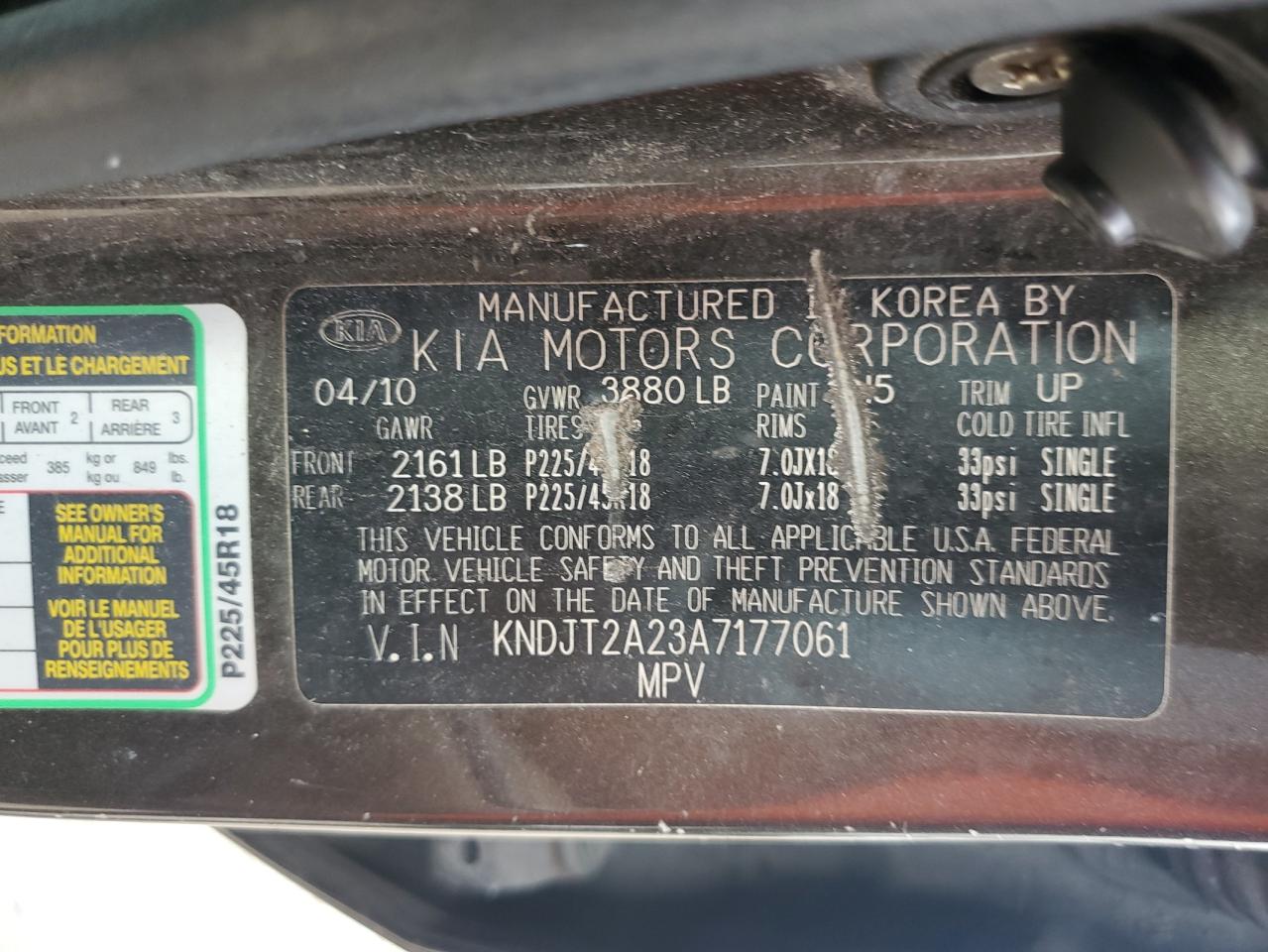 2010 Kia Soul + VIN: KNDJT2A23A7177061 Lot: 60210874