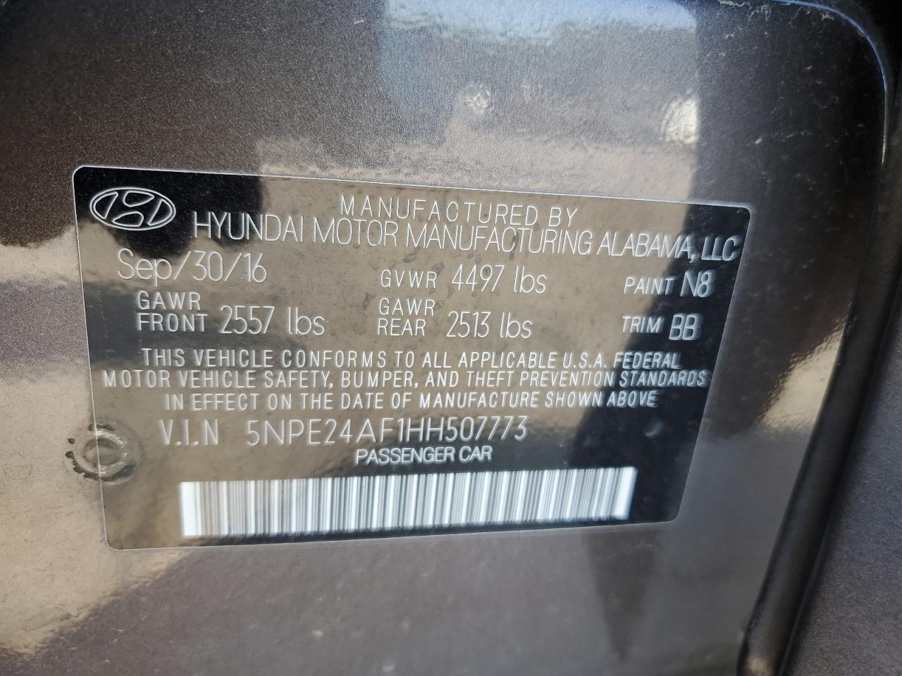 2017 Hyundai Sonata Se VIN: 5NPE24AF1HH507773 Lot: 60571164