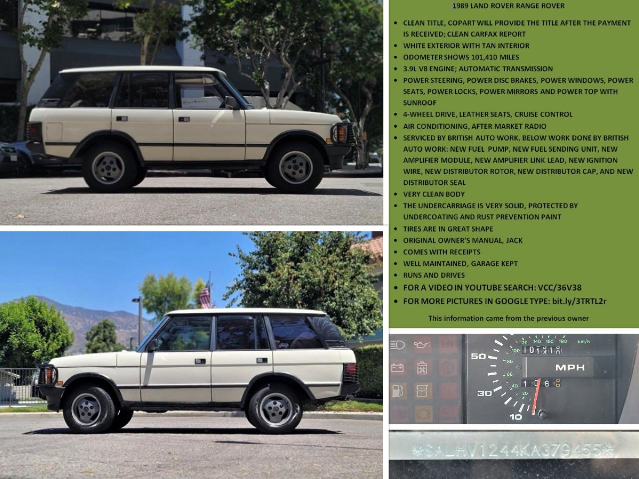 1989 Land Rover Range Rover VIN: SALHV1244KA379455 Lot: 60928604