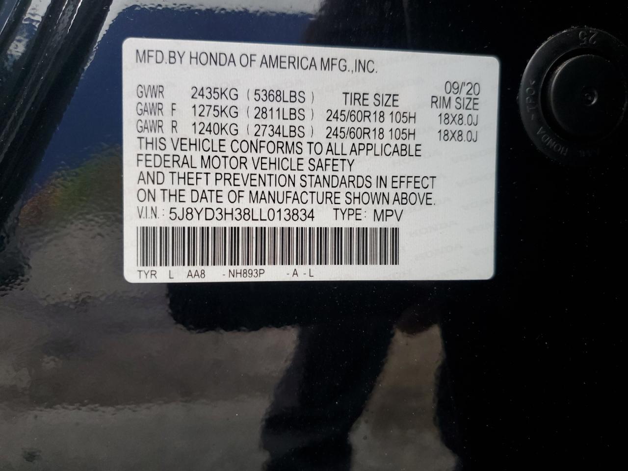 5J8YD3H38LL013834 2020 Acura Mdx