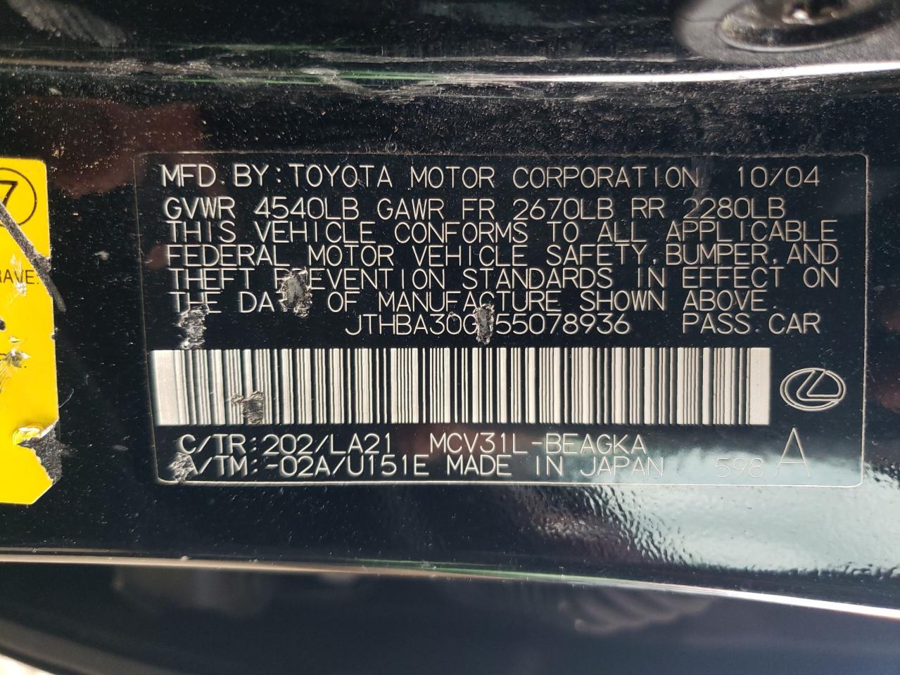 JTHBA30G955078936 2005 Lexus Es 330