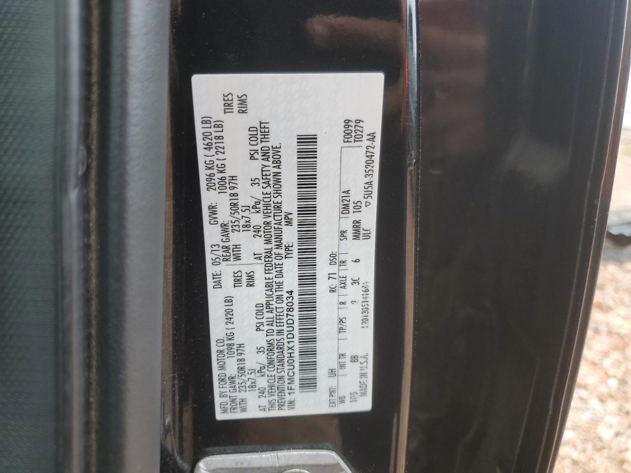 2013 Ford Escape Sel VIN: 1FMCU0HX1DUD78034 Lot: 60450394