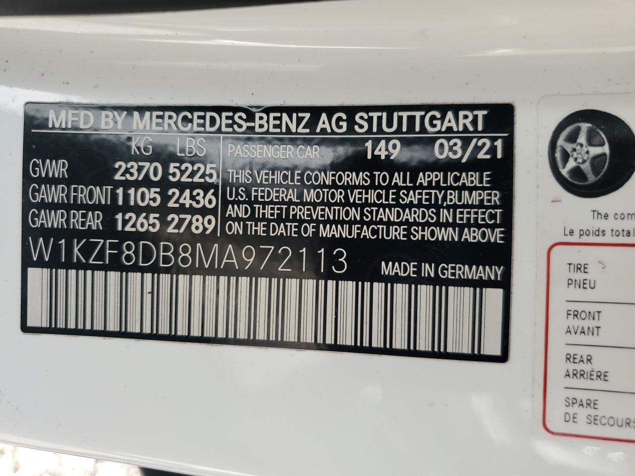 2021 Mercedes-Benz E 350 VIN: W1KZF8DB8MA972113 Lot: 59509634