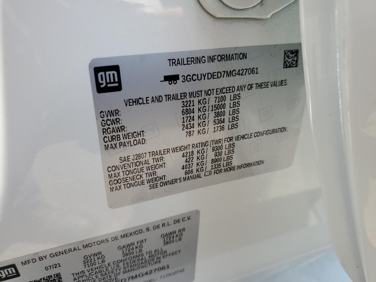 2021 Chevrolet Silverado K1500 Lt VIN: 3GCUYDED7MG427061 Lot: 60700514