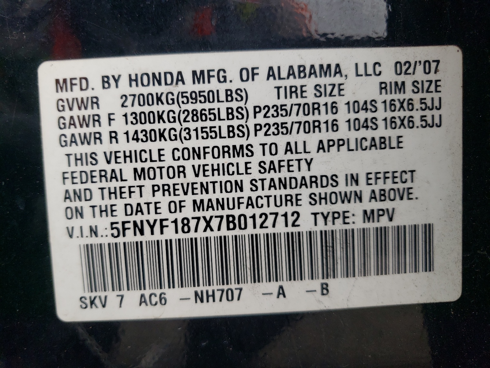 5FNYF187X7B012712 2007 Honda Pilot Exl