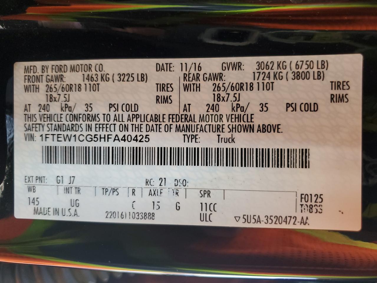 2017 Ford F150 Supercrew VIN: 1FTEW1CG5HFA40425 Lot: 58415484