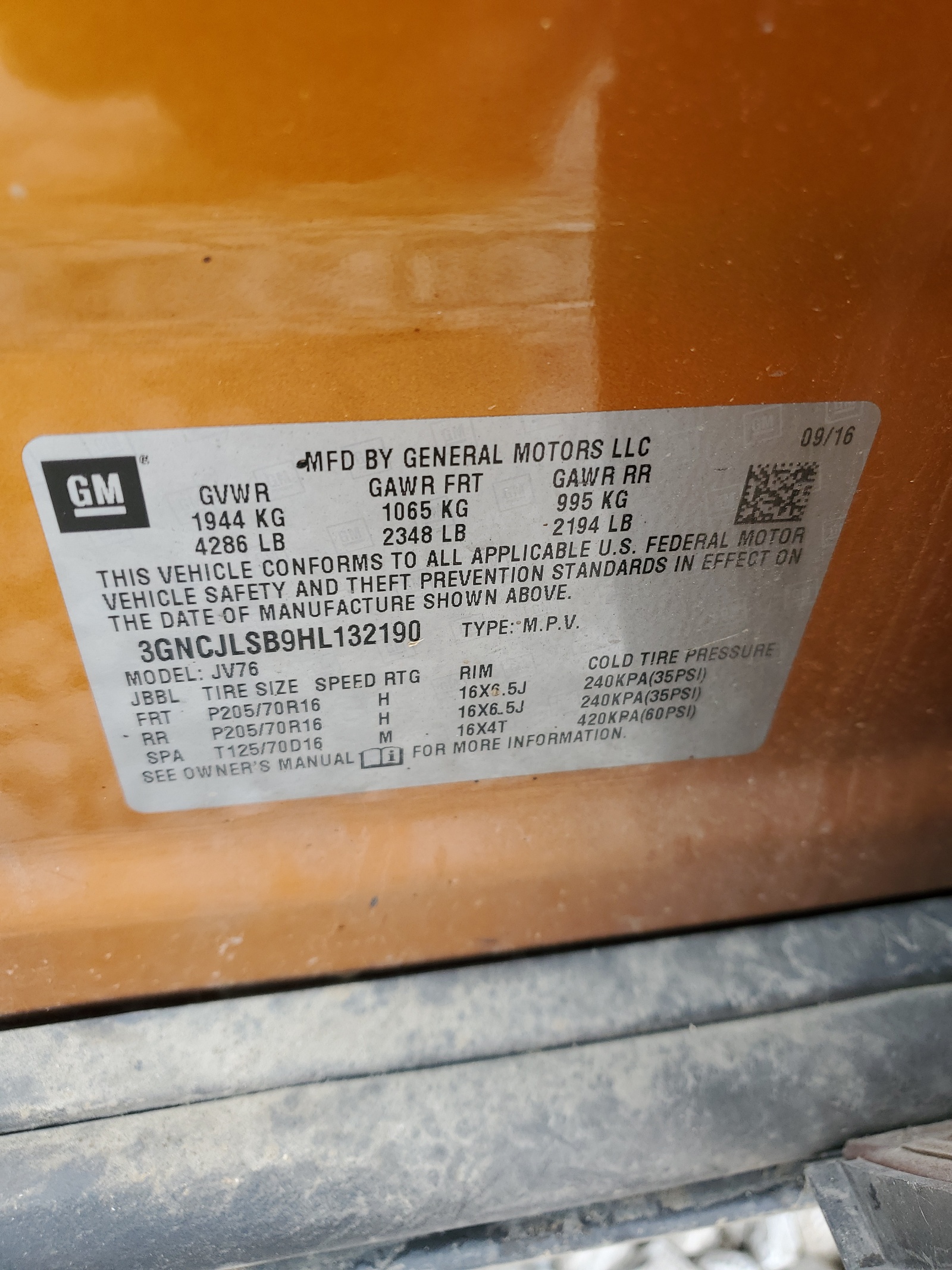 3GNCJLSB9HL132190 2017 Chevrolet Trax 1Lt