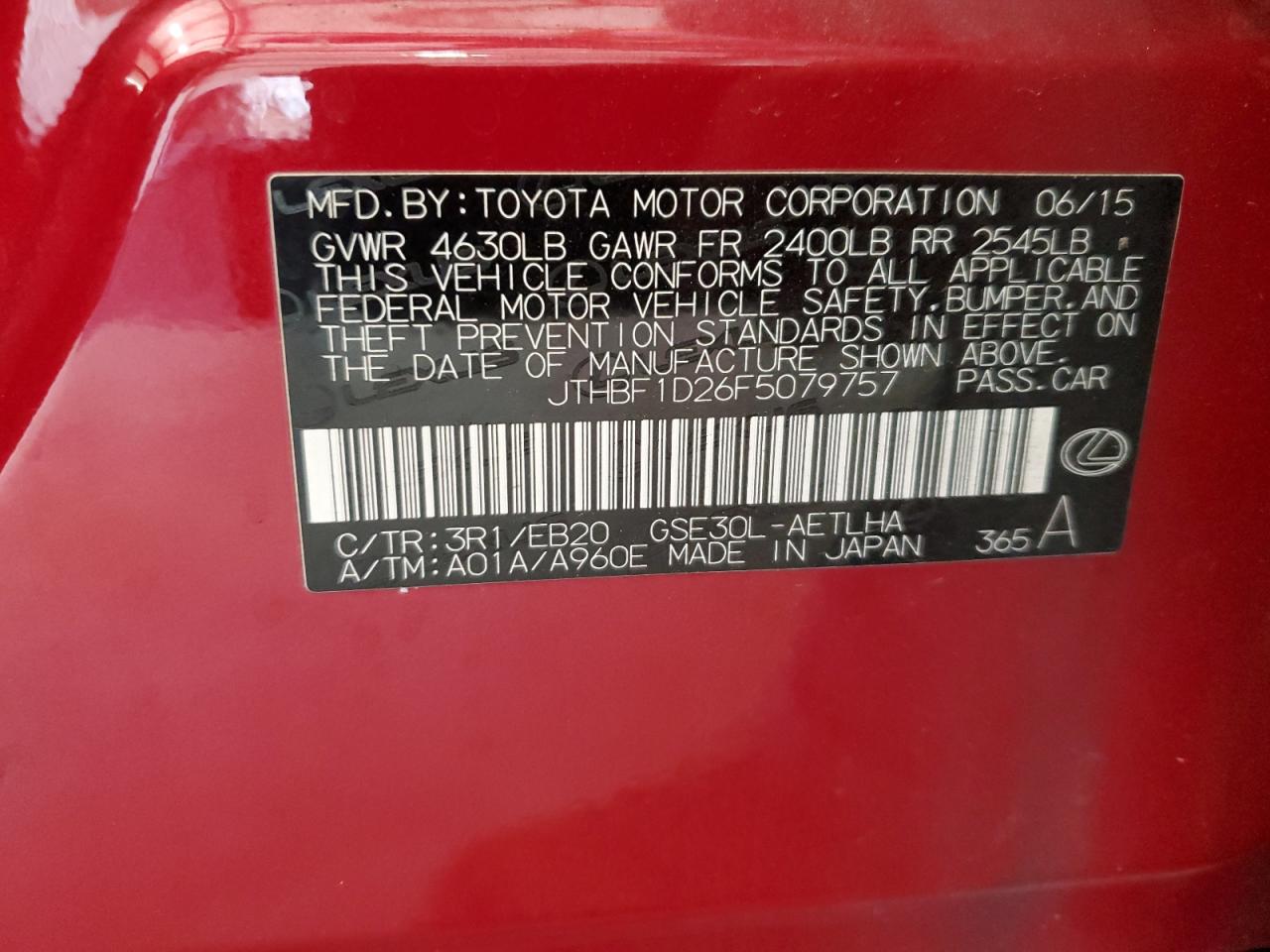 2015 Lexus Is 250 VIN: JTHBF1D26F5079757 Lot: 59724314