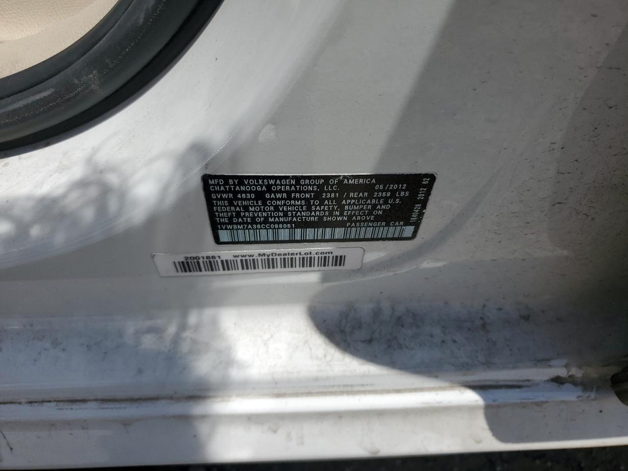 2012 Volkswagen Passat Se VIN: 1VWBM7A36CC088051 Lot: 57018934
