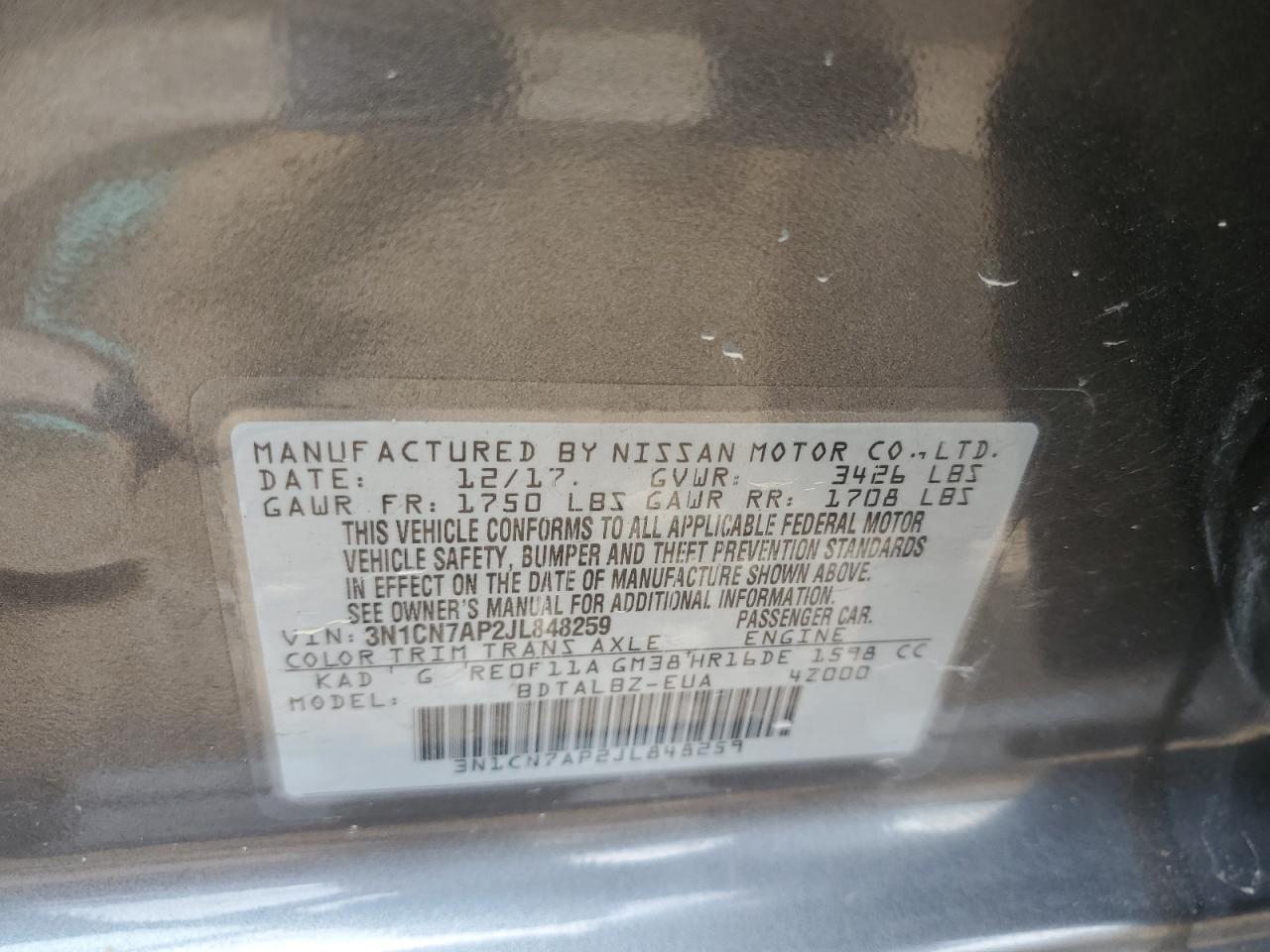 2018 Nissan Versa S VIN: 3N1CN7AP2JL848259 Lot: 60594114